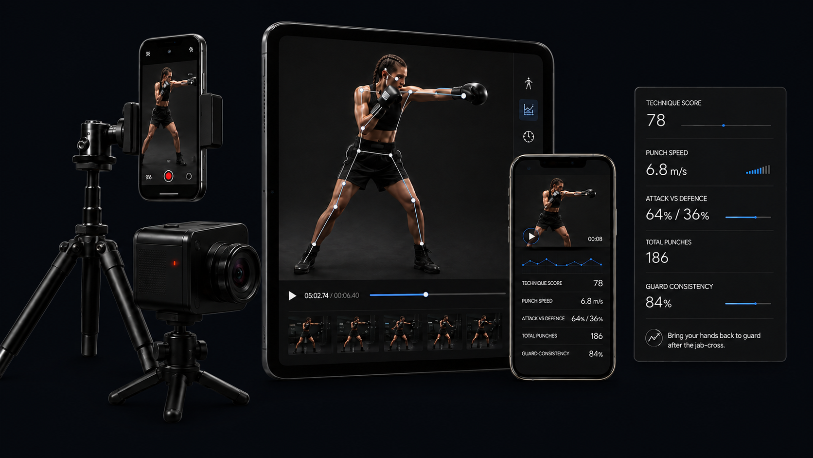 SPARO product view showing camera capture, technique analysis and coaching metrics